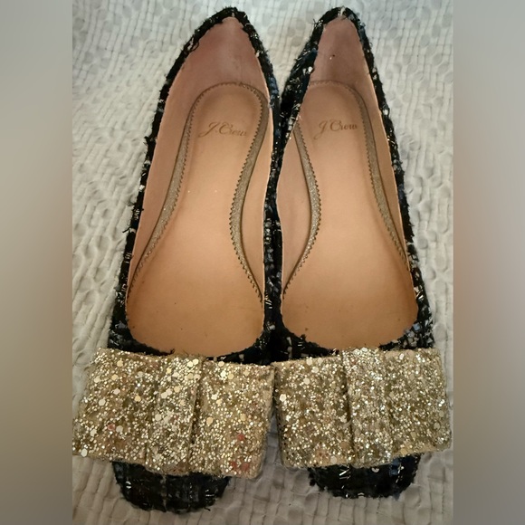 J Crew Women's Poppy Ballet Flats Tweed Glitter Bow Ocean Black Shoes SZ 7 - Picture 2 of 8